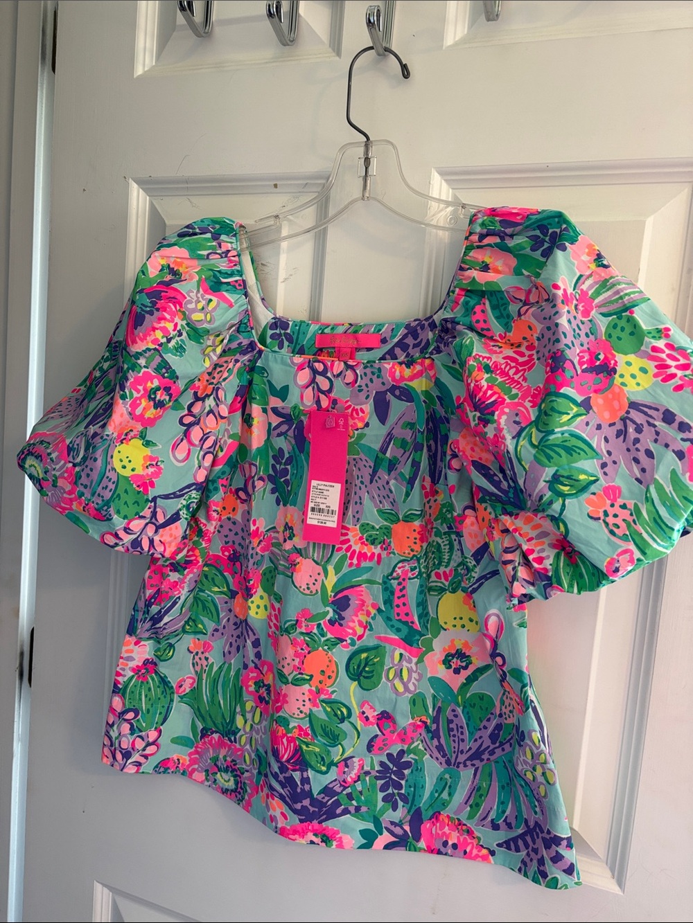 Lilly Pulitzer Aqua Floral Puff Sleeve Square-Neck Top